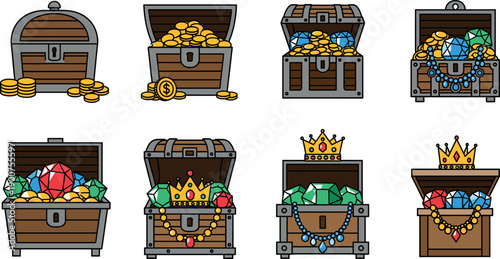 Set of treasure chests filled with gold coins gems and crowns cartoon vector illustration