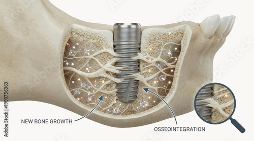 Dental Implant Integrated Into Human Jawbone With New Bone Growth And