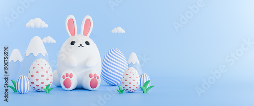A cute white 3D Easter bunny sits among colorful patterned eggs and grass in a whimsical pastel blue landscape with mountains and clouds. Perfect for cheerful Easter designs and decor.
