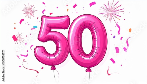 Pink cartoon style balloon shaped as number 50 with confetti on white background. Illustration for birthday or anniversary party