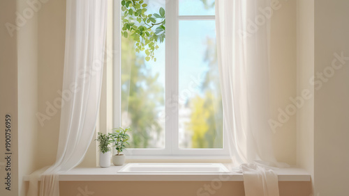 柔らかな日差しが差し込む明るい窓辺、白いカーテンが風に揺れ観葉植物が並ぶ清潔感あふれる穏やかな室内の風景