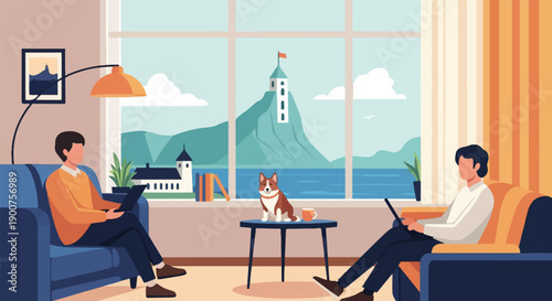 Two people work on laptops with a dog sitting on a table in front of a scenic window