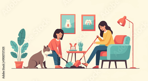 Two people and a dog gardening indoors with plants and art