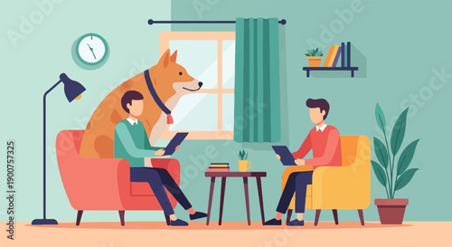 Two people and a dog in a living room setting