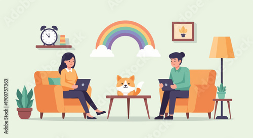 Two people and a dog in a room with a rainbow and clock