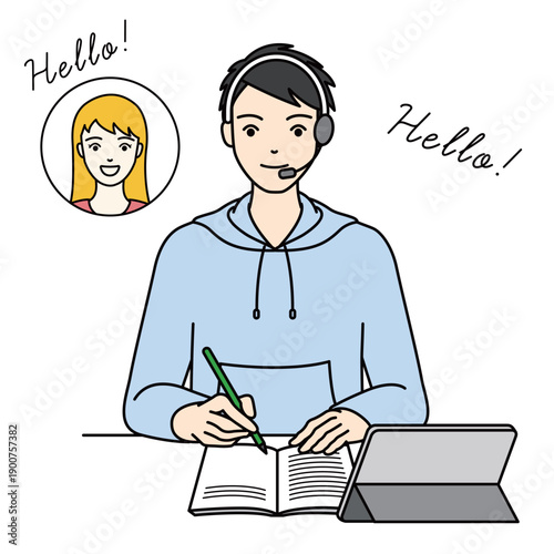 Boy wearing hoodie taking online language class with teacher