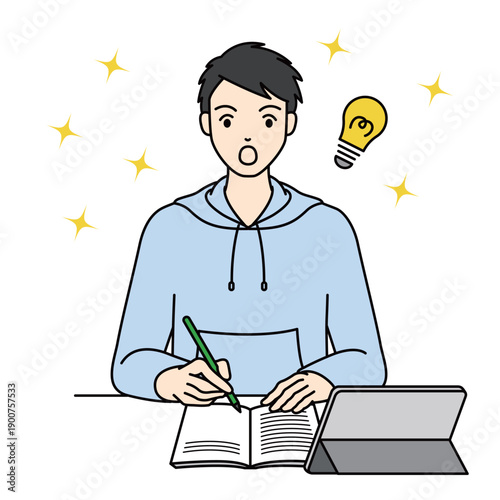 Surprised school boy having a great idea with light bulb