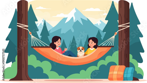 Two girls and a dog relax in a hammock among trees with mountains