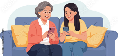 Two females on a sofa, interacting with their phones