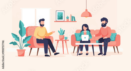 Three people in a modern living room, one using a laptop on a sofa