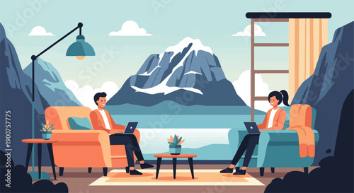 Two people work remotely from a cozy home overlooking a majestic mountain landscape
