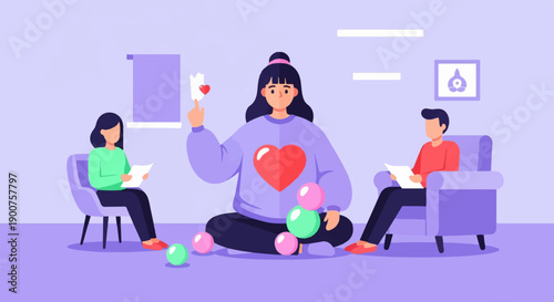 Three people in a room, one with heart shirt, holding heart, and balls
