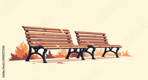 Two empty wooden park benches sit amidst autumn foliage under a light sky