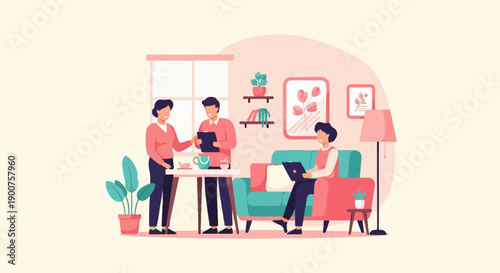 Three people interacting in a modern, minimalist living room