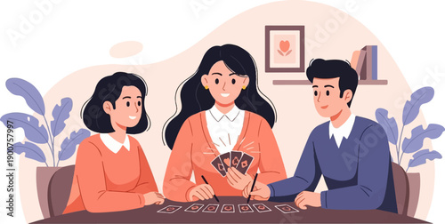 Three people playing cards at a table with plants and books in the background