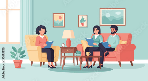 Three people relaxing in a living room, reading books