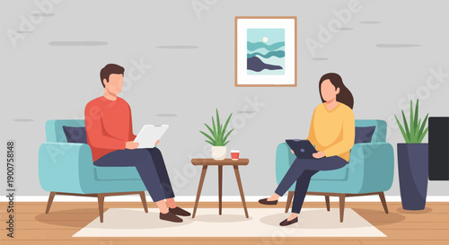 Two people sit in armchairs, one reads tablet, other uses laptop