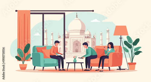 Three people relaxing indoors with view of Taj Mahal monument