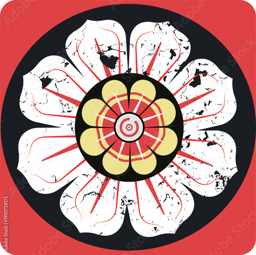 Abstract floral mandala vector illustration in retro folk art style. Symmetrical geometric flower with distressed texture in red, black, white, and yellow. Suitable for posters, t-shirts, branding