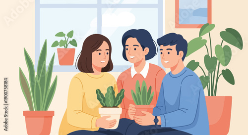 Three people share a pleasant moment indoors with potted plants