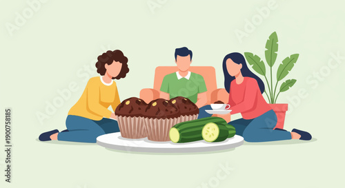 Three people share treats of muffins and coffee in a cozy indoor setting