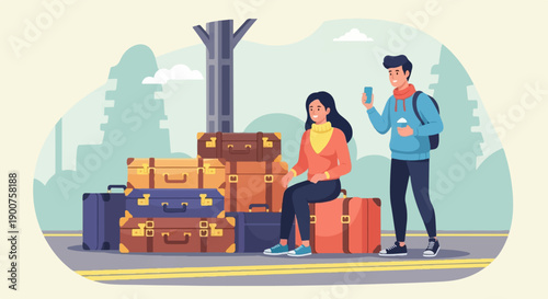 Two people with luggage at a train station waiting for departure