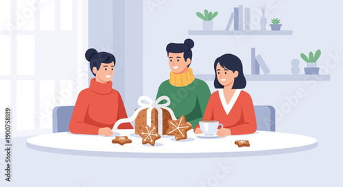Three people sharing a holiday gift and gingerbread cookies at a table indoors