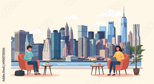 Two people work remotely from cozy chairs overlooking a city skyline