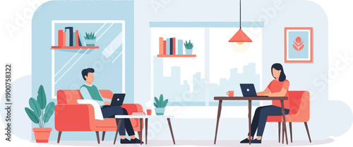 Two people work remotely from home in a bright, modern living space