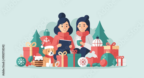 Two girls and a dog surrounded by Christmas presents, trees, and ornaments