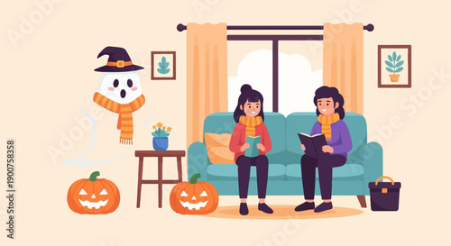 Two girls and a ghost enjoy cozy indoor autumn reading with pumpkins