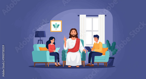 Three people sitting in a room, two on couches and one centrally