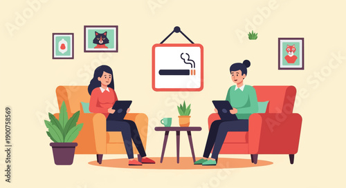 Two people sit in armchairs looking at tablets, a smoking sign hangs above