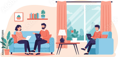 Three people working on laptops in a cozy living room with plants and a window view