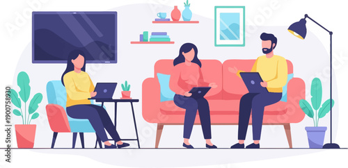 Three people working on laptops in a cozy living room with plants and decor