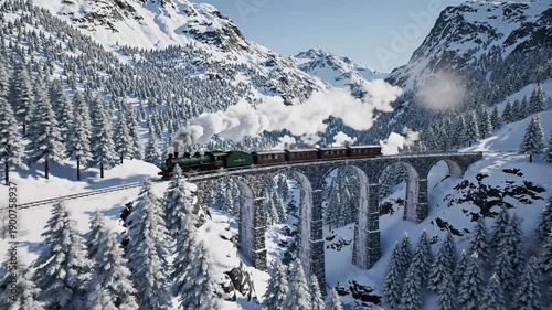 Wallpaper Mural Steam train crossing a snowy bridge in the mountains, winter landscape. Torontodigital.ca