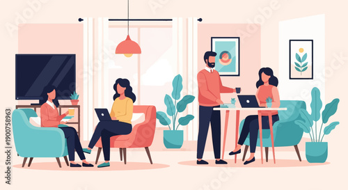 Three people working on laptops in a cozy, modern living room setting