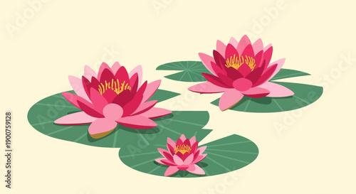 Three pink water lilies on green pads float on a pale yellow background