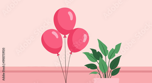 Three pink balloons float next to a potted green plant on a pink surface