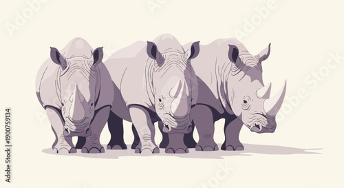 Three pixelated rhinoceroses stand side-by-side in a monochromatic tone