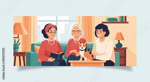 Three women and a cat relax indoors with books and lamps