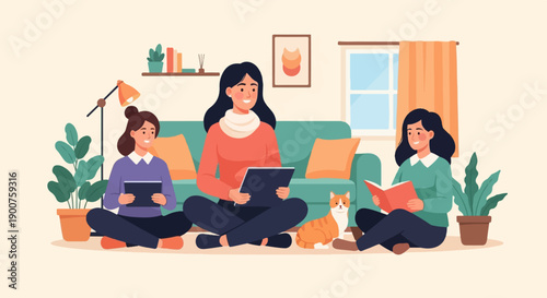 Three women and a cat relax in a cozy living room setting