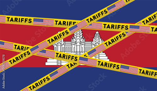 USA Tariffs on Cambodia Trade Concept with National Flags and Barrier Tape