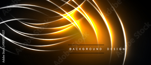 Abstract design features glowing lines, curves, bright orange hues. Dark background enhances luminosity, creating dynamic visual effect.