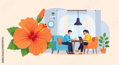 Two people work on laptops at a table next to an orange hibiscus flower