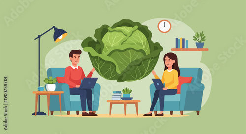 Two people work remotely on laptops near a giant cabbage