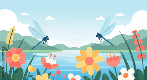 Two dragonflies hover above a tranquil lake with blooming flowers