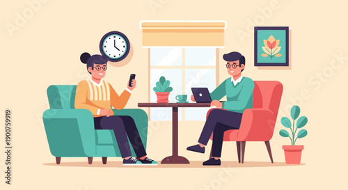 Two people with devices, sitting in chairs in a room