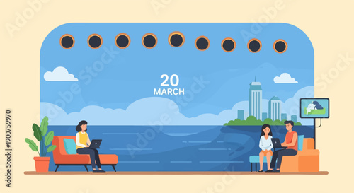 Two people work remotely with a city view and solar eclipse symbols