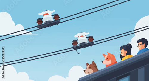 Two drones fly over a roof where dogs and people watch